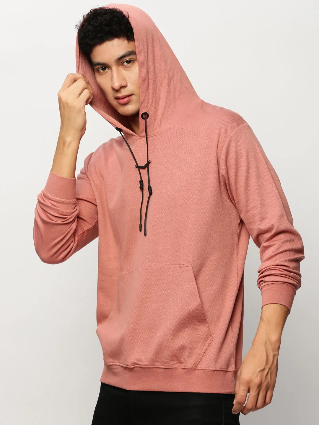 goes with skirts Men's Peach Kangaroo Pockets Hooded Pullover Cotton Jacquard Sweatshirt