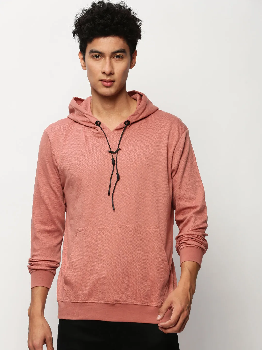 Men's Peach Kangaroo Pockets Hooded Pullover Cotton Jacquard Sweatshirt tag accents product rough ruggedness