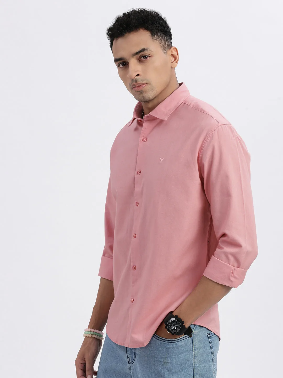 AntiStaticMaterial Men's Peach Premium Spread Collar Solid Cotton Slim Fit Casual Shirt