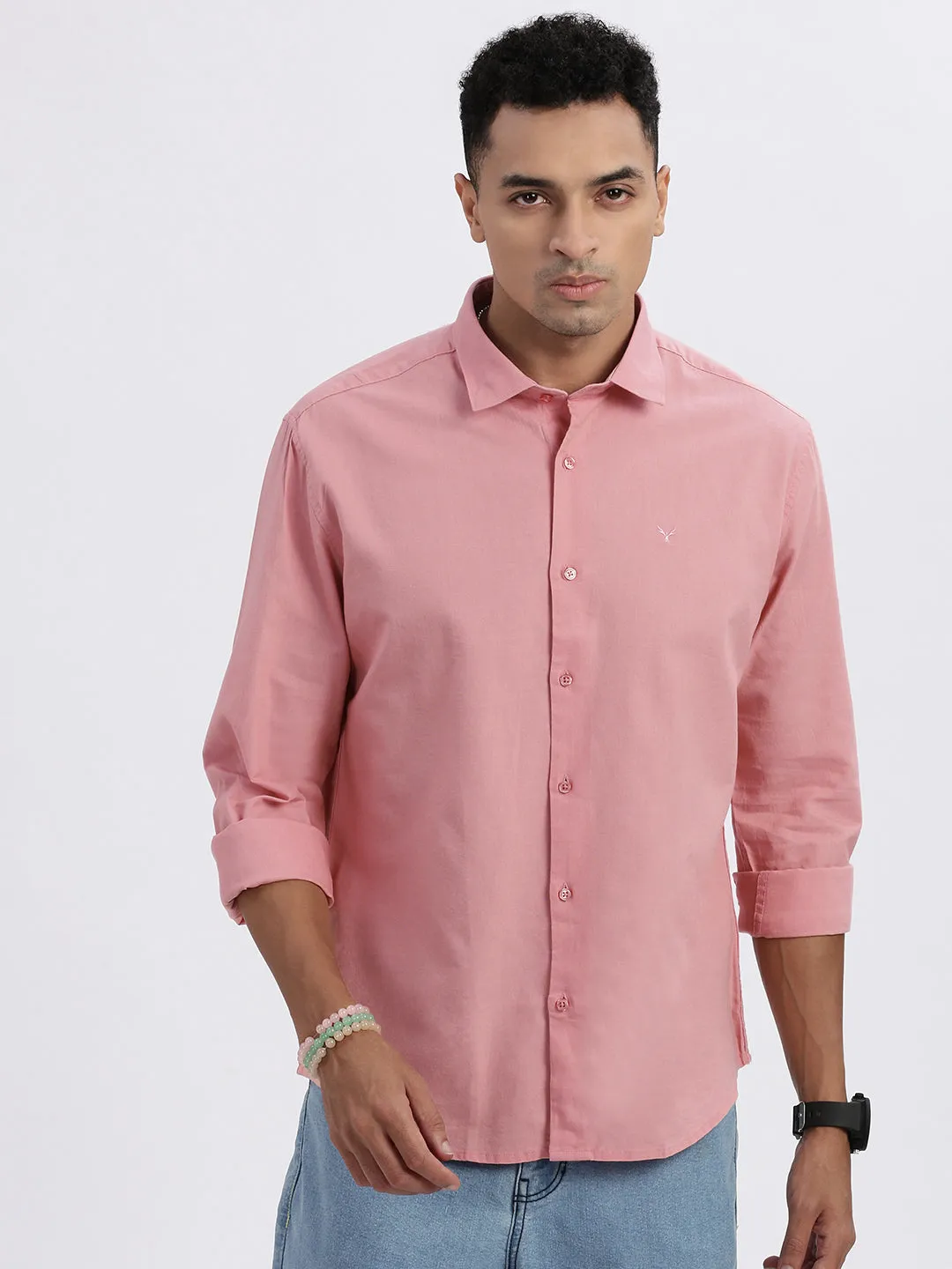 Code Soul Men's Peach Premium Spread Collar Solid Cotton Slim Fit Casual Shirt