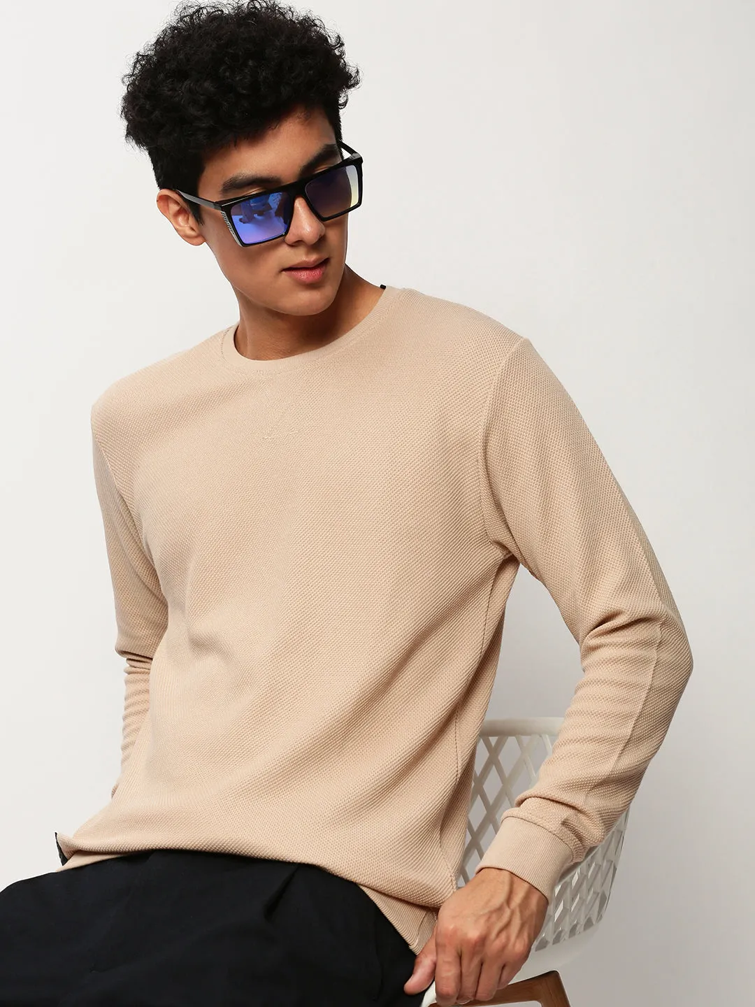 Fashion Basics Beach Style Men's Peach Self Design Cotton Sweatshirt