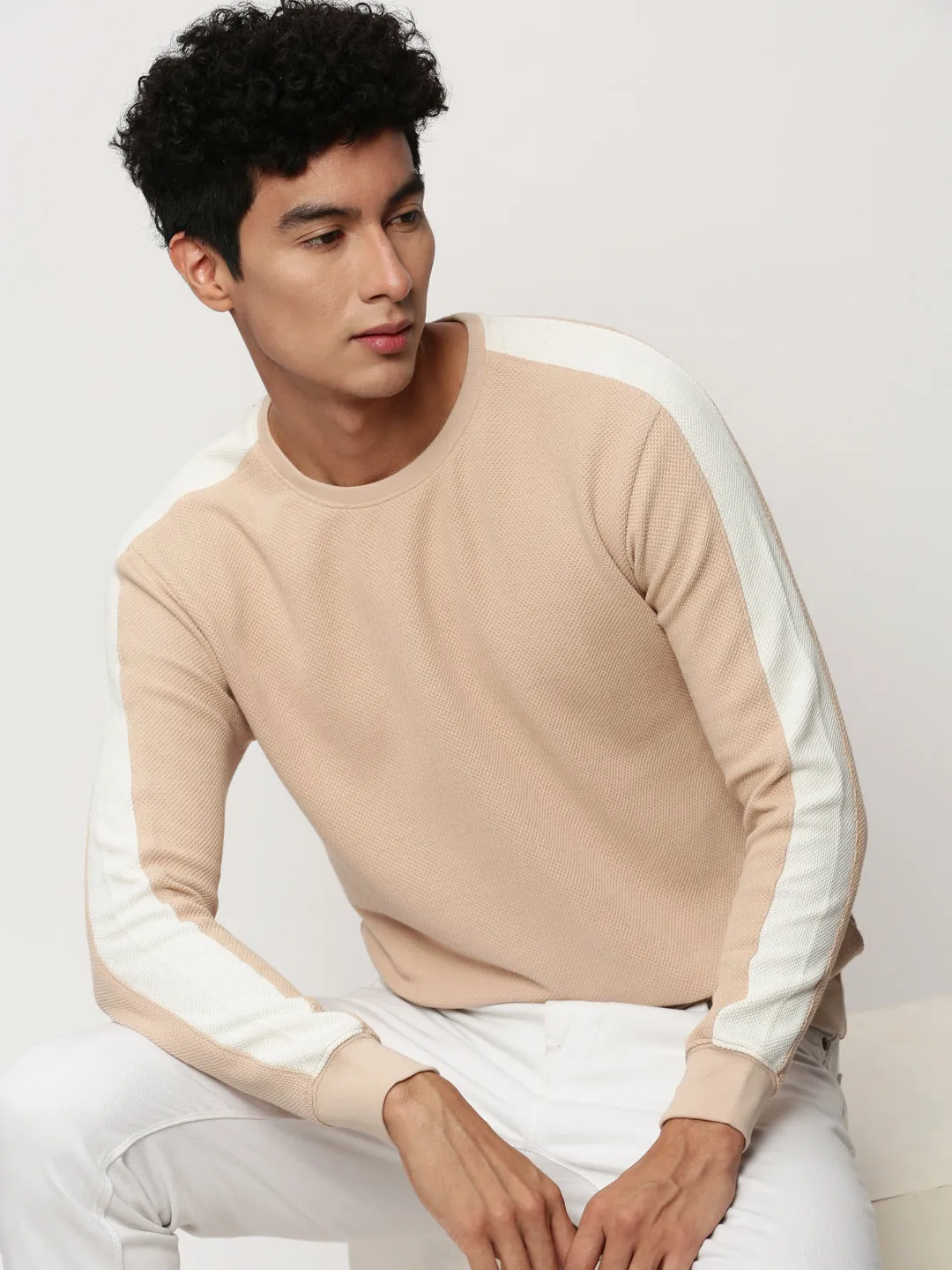 Warm Hues Men's Peach Self Design Cotton Sweatshirt
