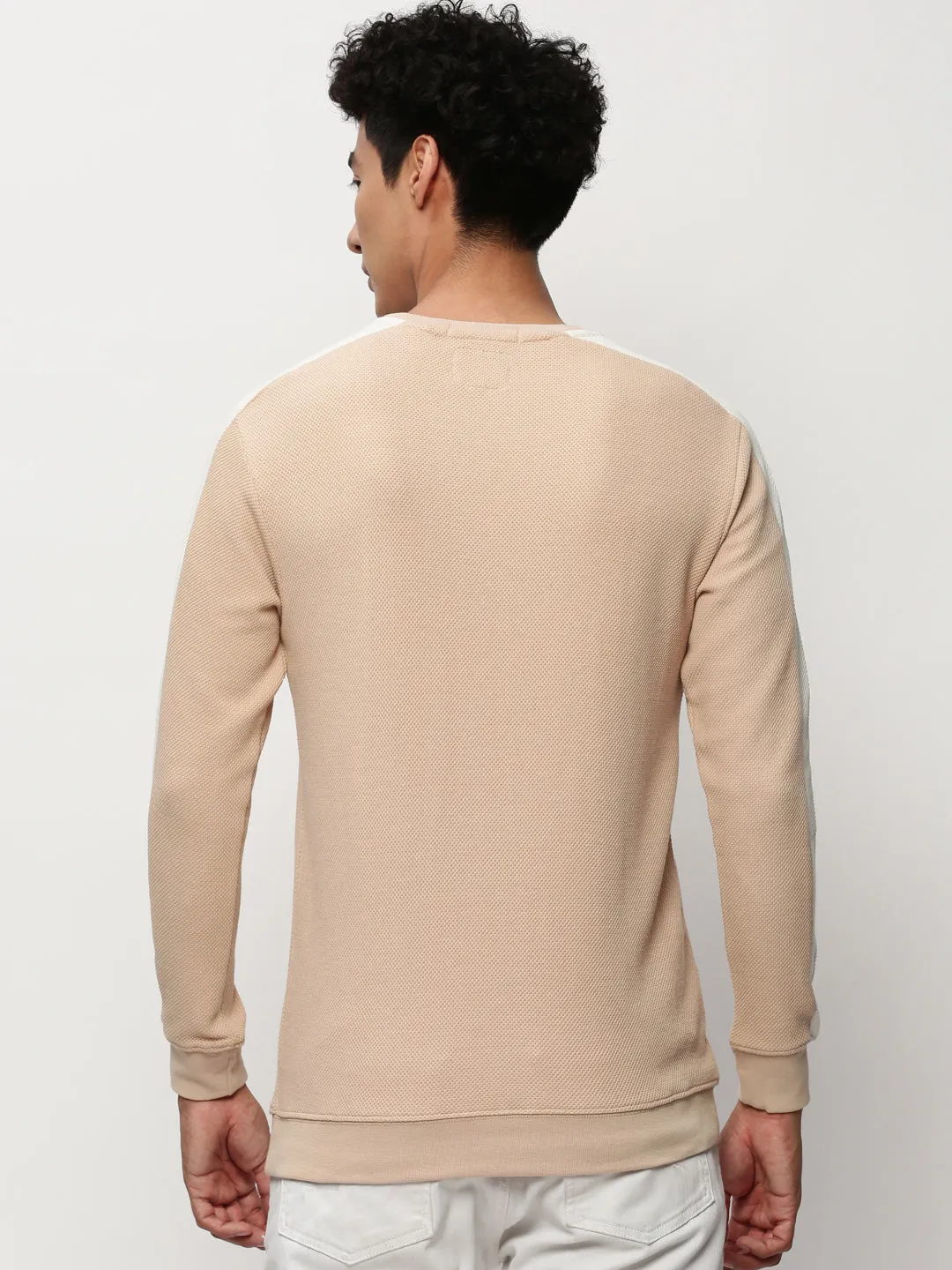 Front Pocket Men's Peach Self Design Cotton Sweatshirt