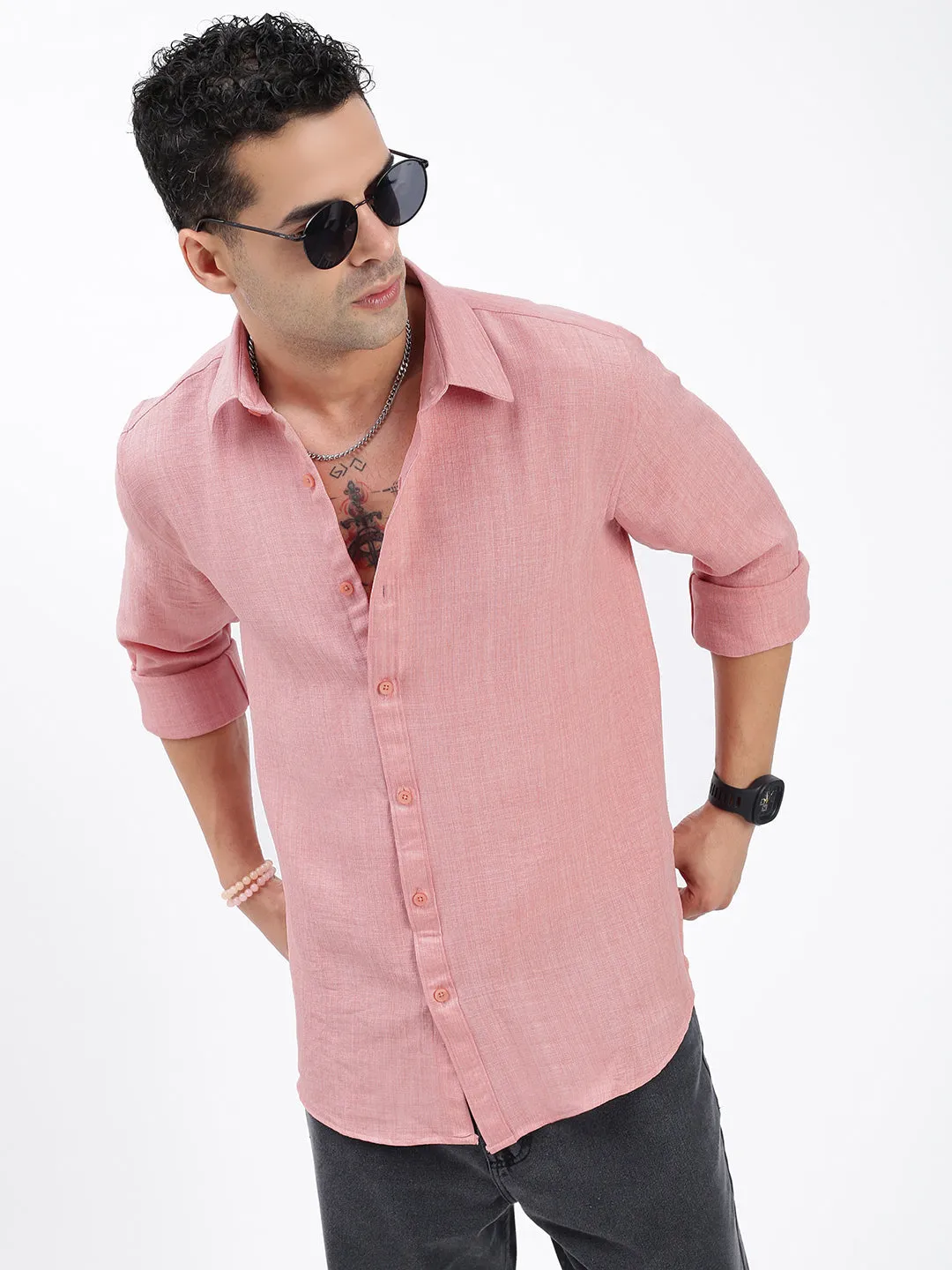 DoubleLayered Collar HygroscopicFiber Men's Peach Standard Spread Collar Solid Cotton Casual Shirt