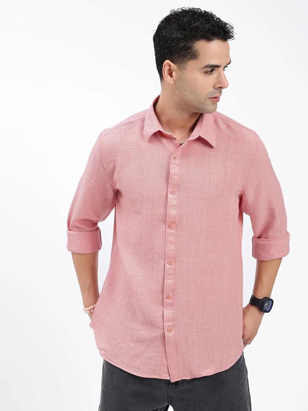 StretchableFabric Men's Peach Standard Spread Collar Solid Cotton Casual Shirt