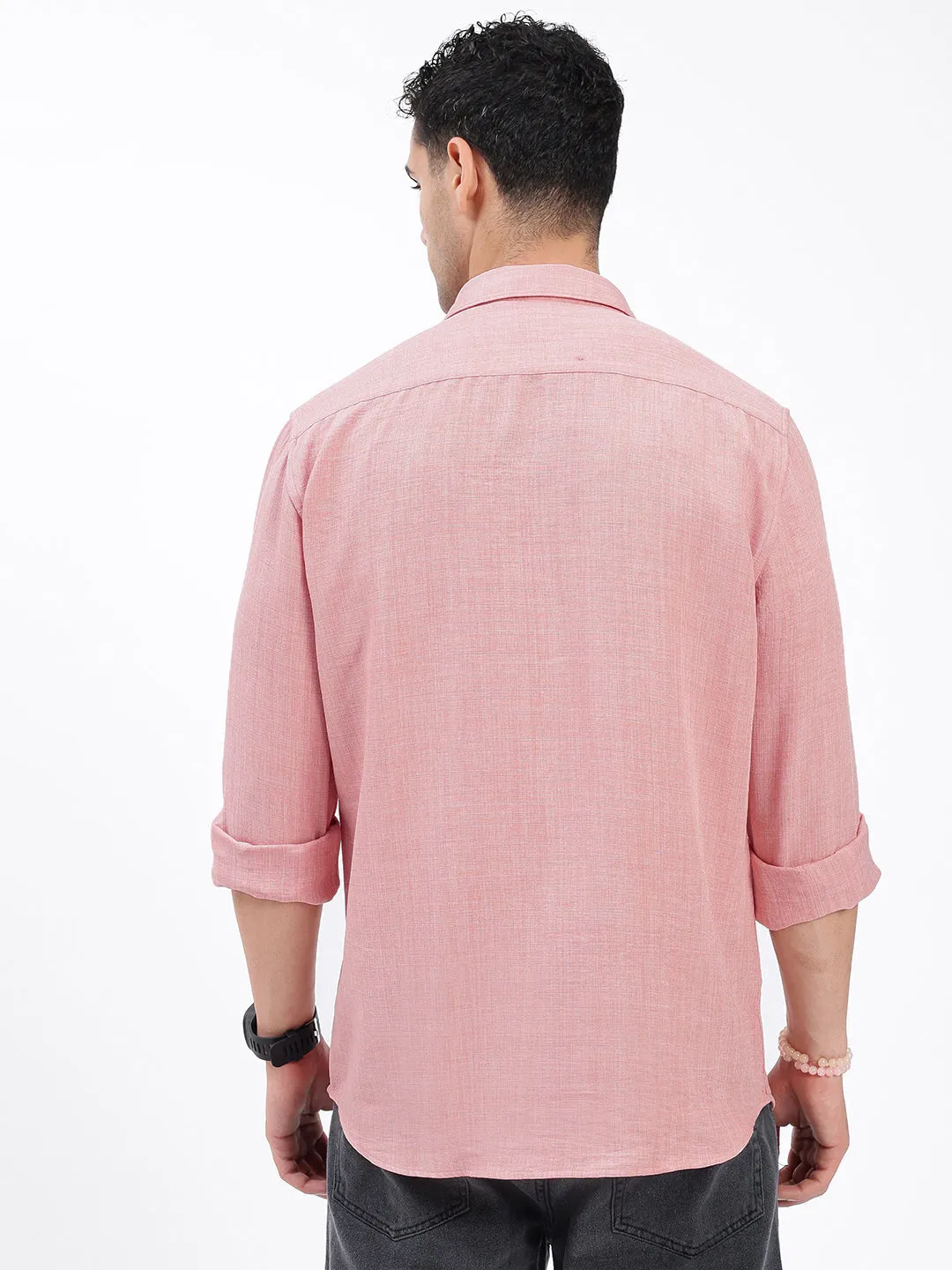 Men's Peach Standard Spread Collar Solid Cotton Casual Shirt casual fun