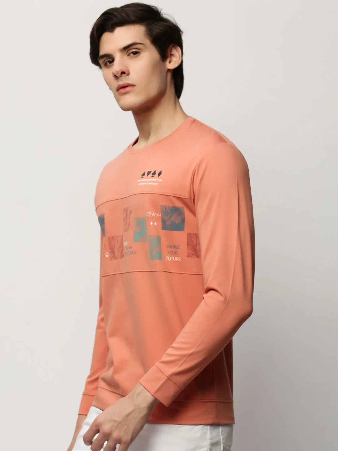 Men's Peach Typography Printed Pullover Cotton Sweatshirt Cozy Texture anniversary wear