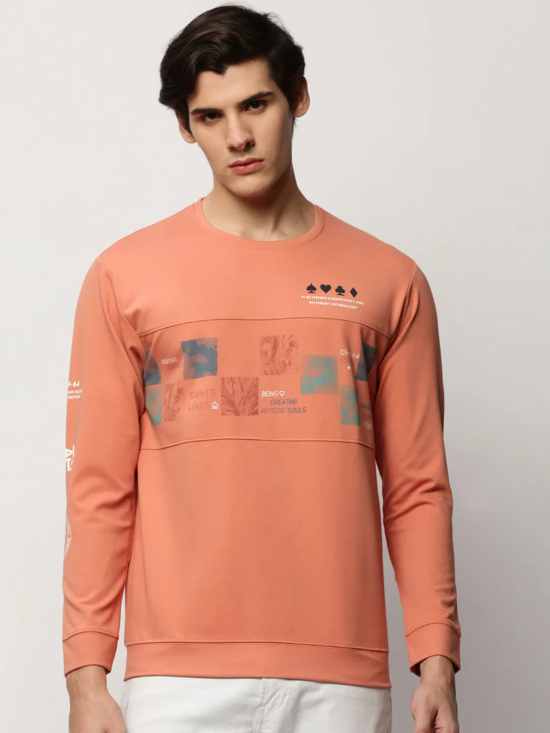 Men's Peach Typography Printed Pullover Cotton Sweatshirt Comfy Mood Essential Relaxed
