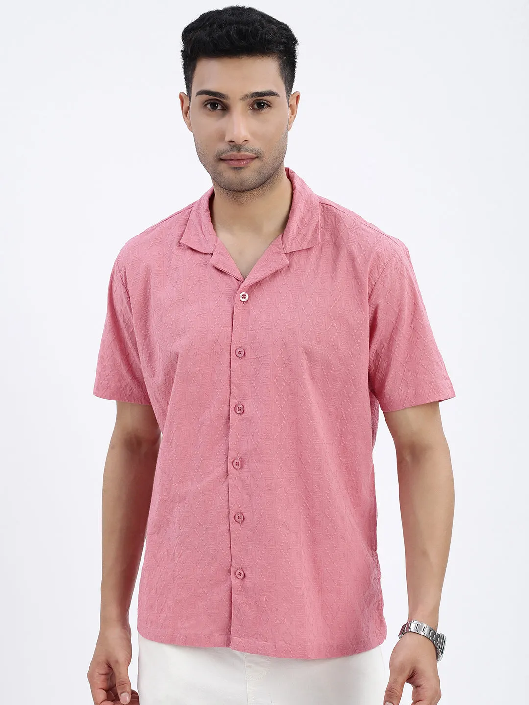 MultiFunctional Pockets Sky Mood Men's Pink Premium Cuban Collar Textured Cotton Slim Fit Casual Shirt
