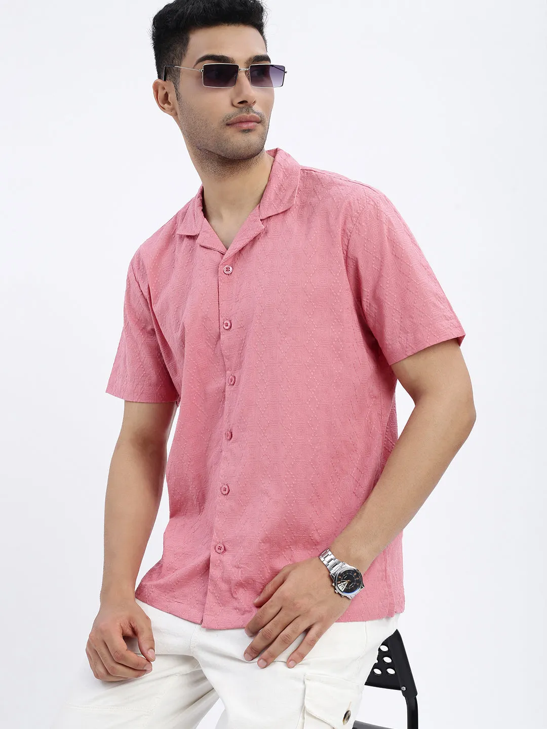 Men's Pink Premium Cuban Collar Textured Cotton Slim Fit Casual Shirt Thermal Insulation Layer