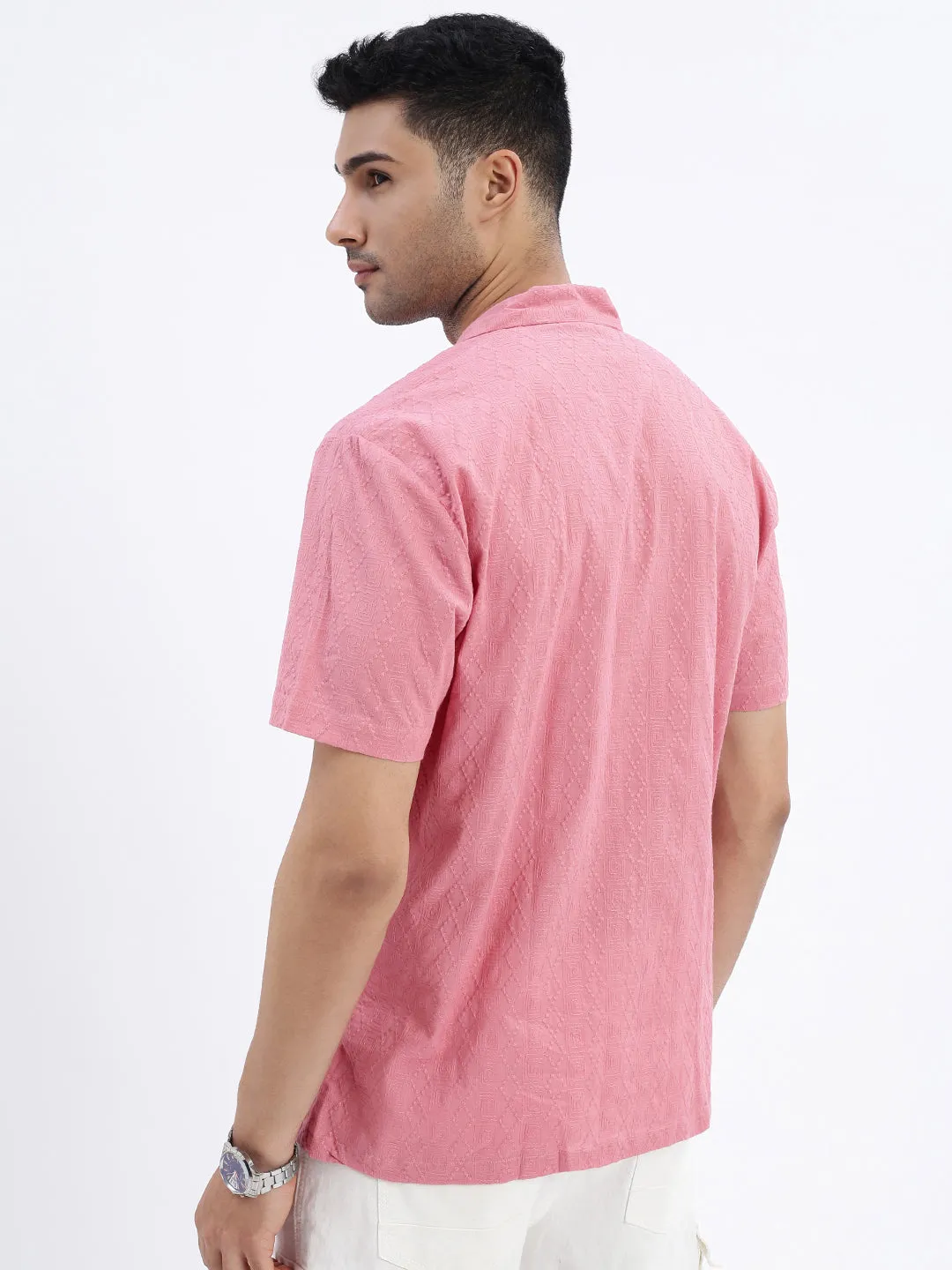 Men's Pink Premium Cuban Collar Textured Cotton Slim Fit Casual Shirt Sustainable Wear