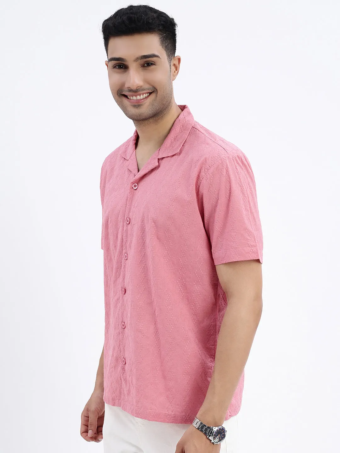 Adjustable Drawcord AntiStatic Material Men's Pink Premium Cuban Collar Textured Cotton Slim Fit Casual Shirt