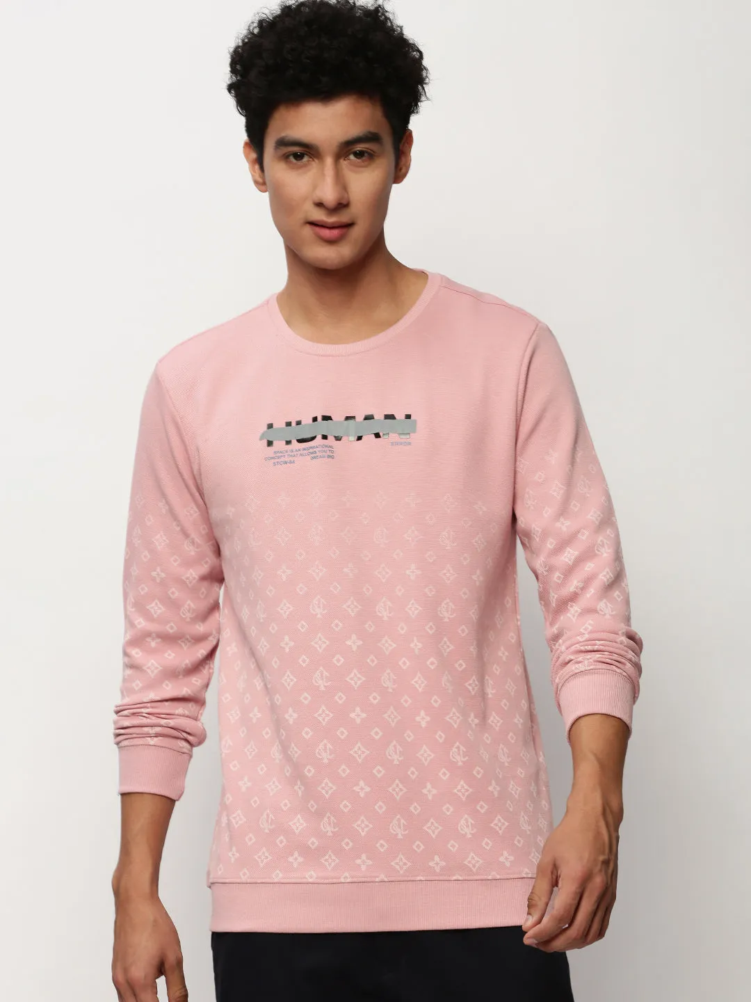 Men's Pink Round Neck Geometric Printed Cotton Sweatshirt Daily Sporty