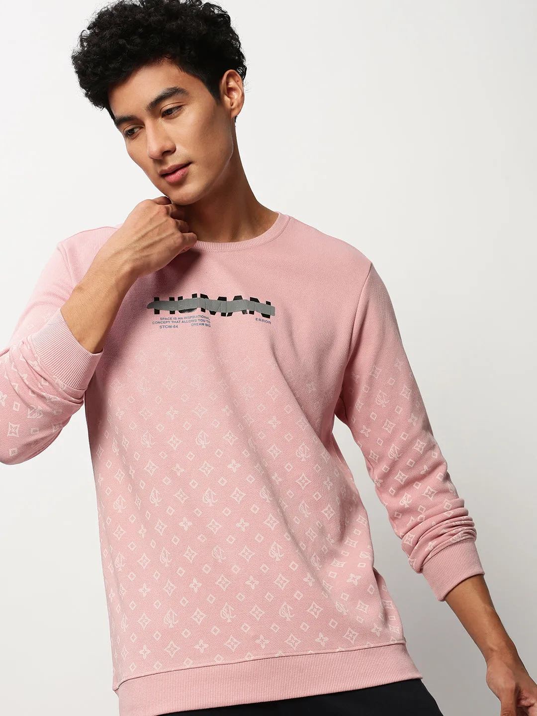 Classic Minimal Men's Pink Round Neck Geometric Printed Cotton Sweatshirt