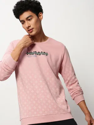 Classic Minimal Men's Pink Round Neck Geometric Printed Cotton Sweatshirt