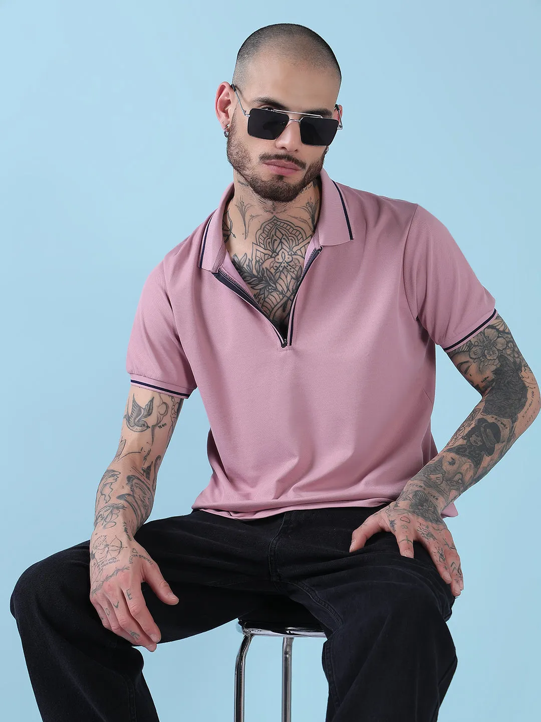Light Layer Stretch Fit Men's Pink Solid Polo Collar T-Shirt