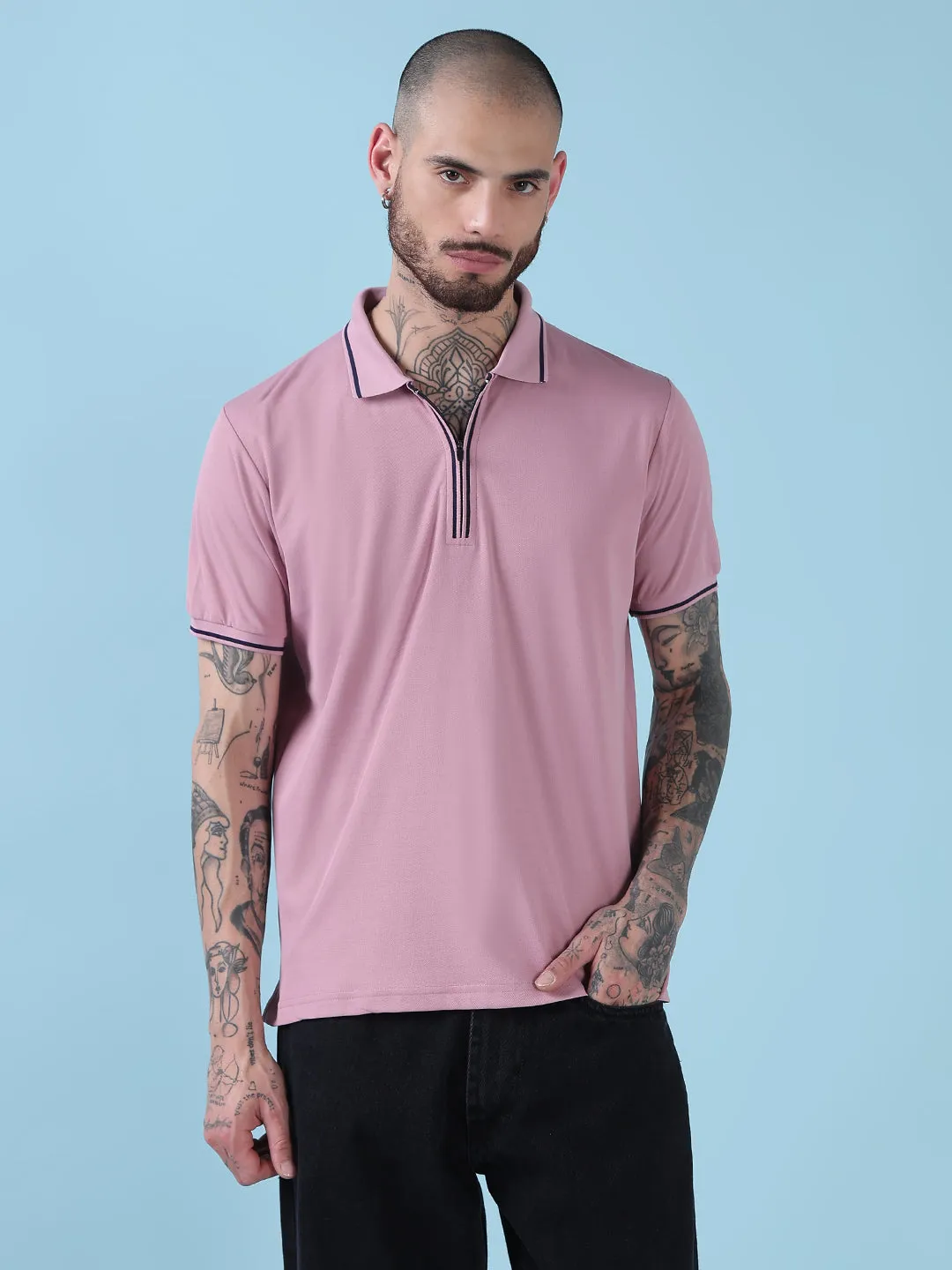 Star Light Glitter Glow Men's Pink Solid Polo Collar T-Shirt