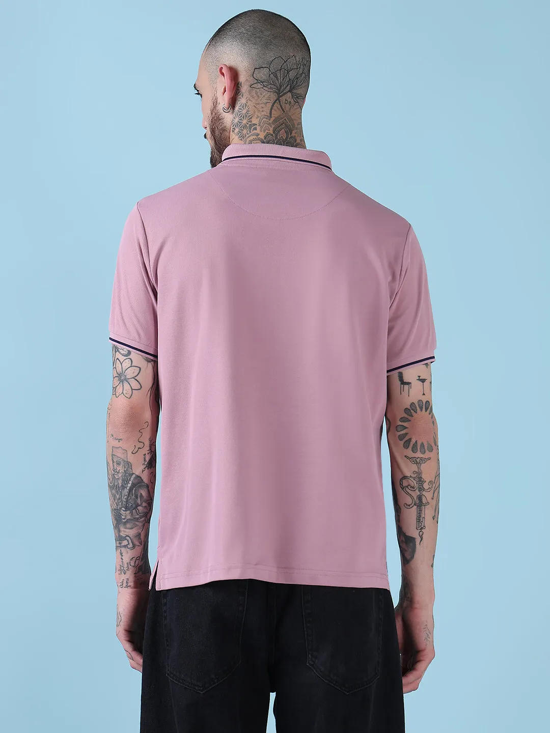 Men's Pink Solid Polo Collar T-Shirt Leather Core
