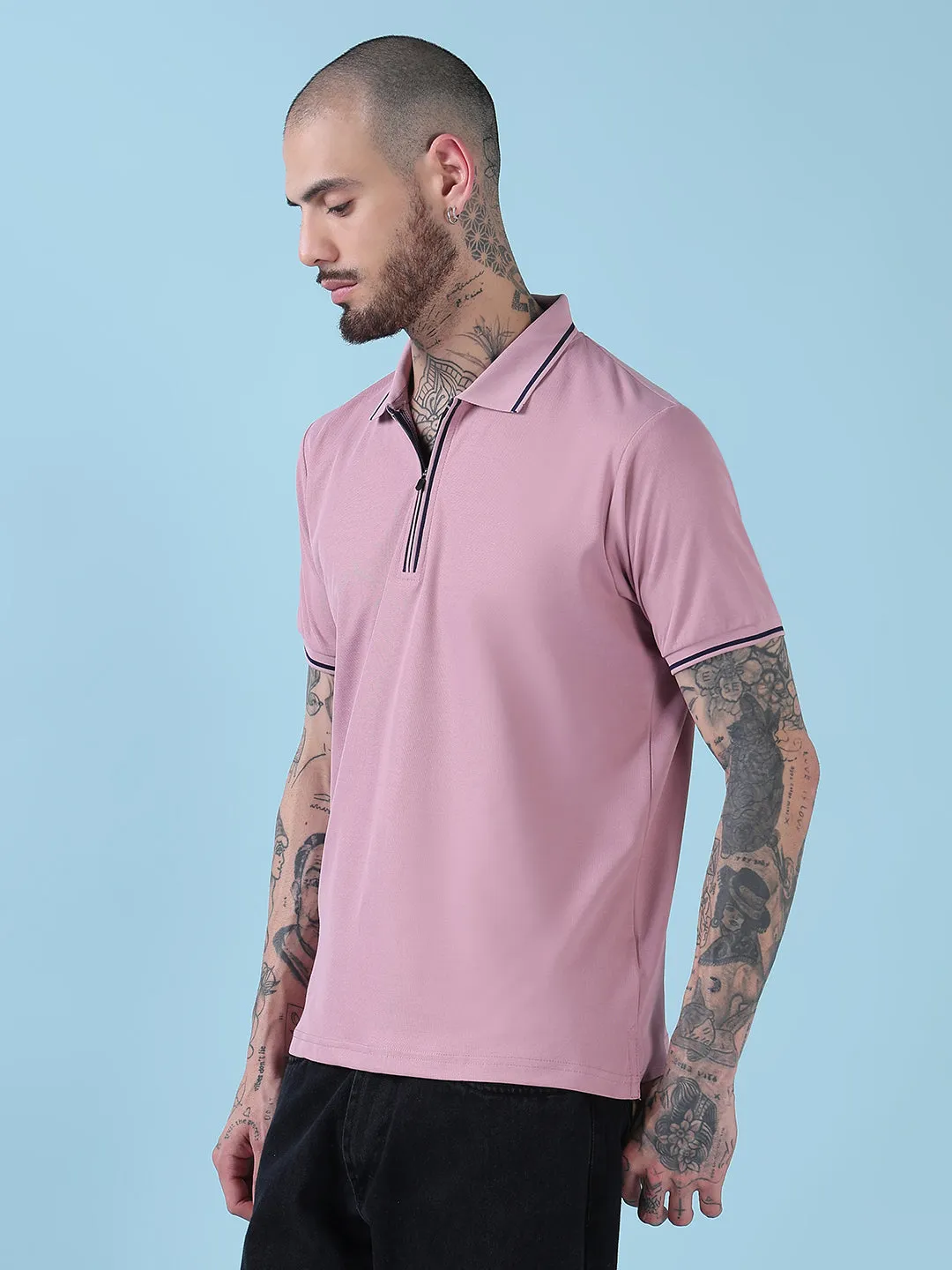 Men's Pink Solid Polo Collar T-Shirt Soft Core Joy Mood