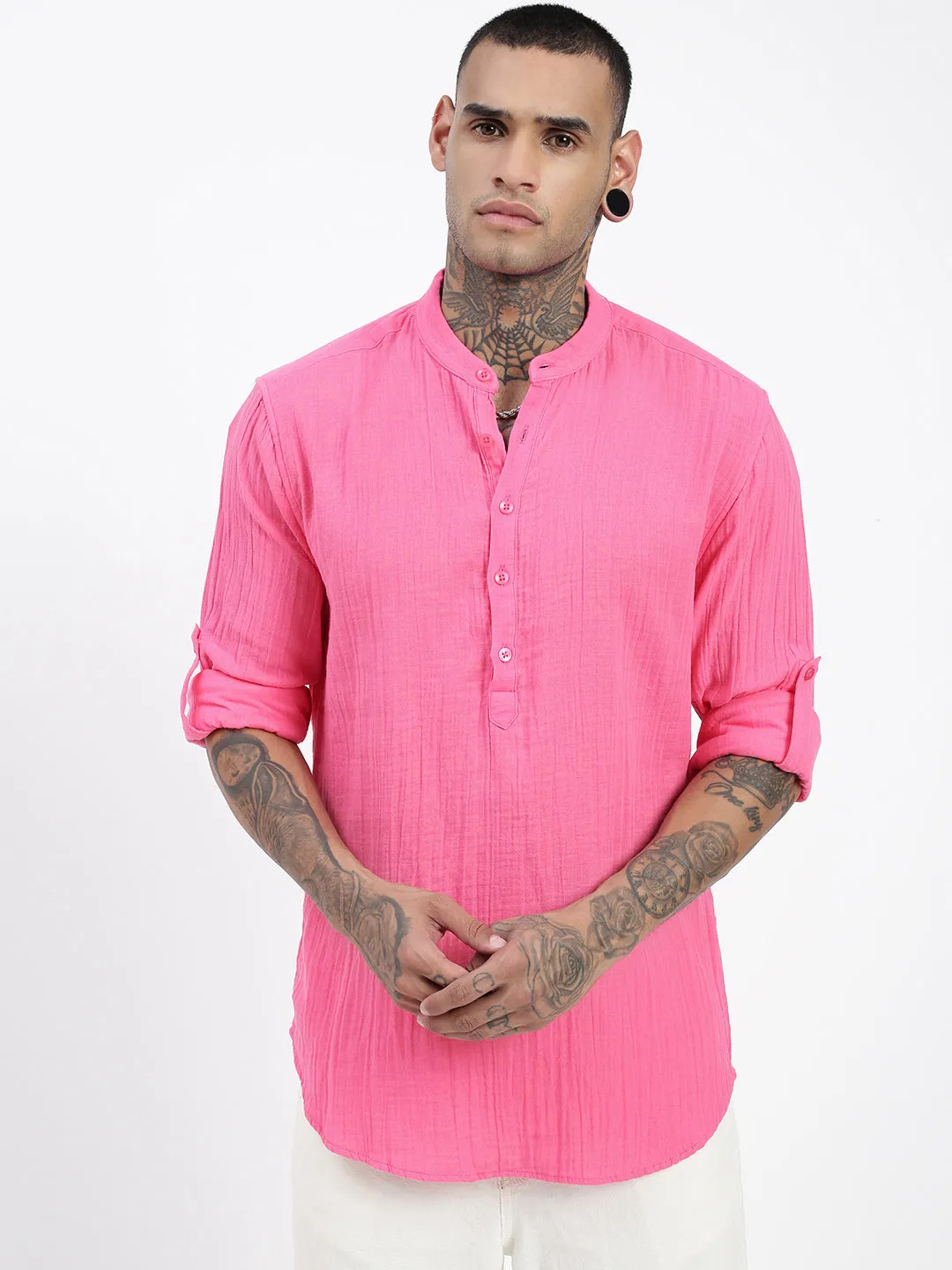 Men's Pink Solid Shirt DoubleLayered Collar