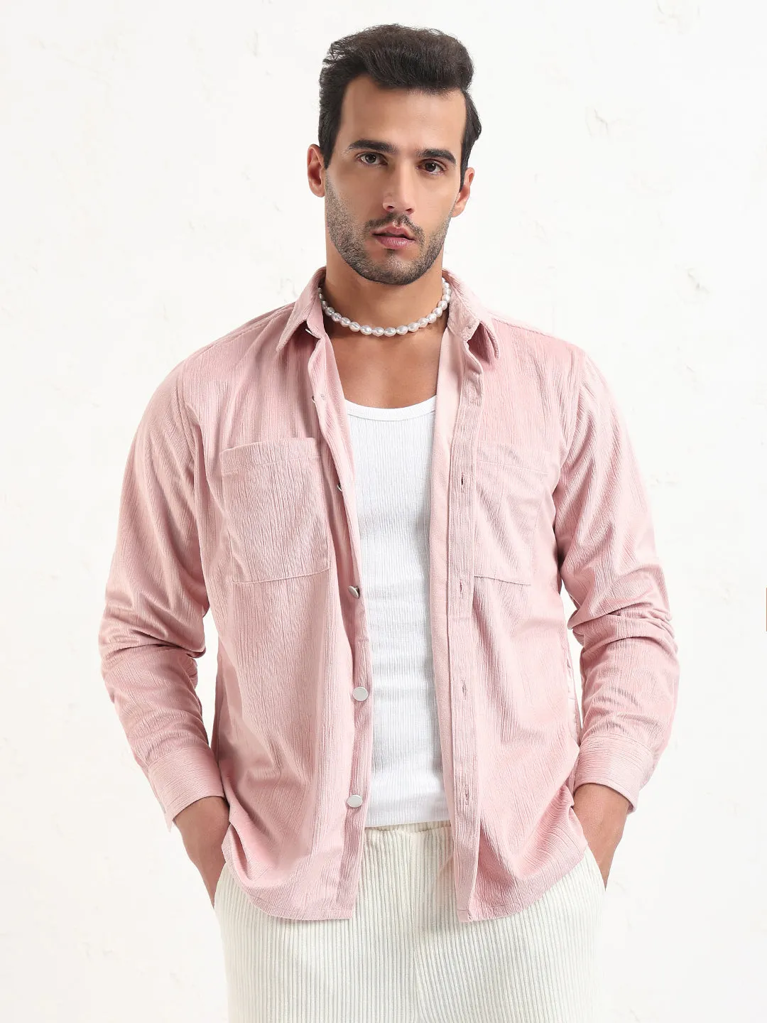 Men's Pink Solid Slim Fit Shirt Soft Jacket