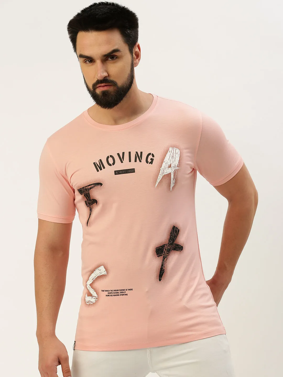 Men's Pink Typography Printed Slim Fit T-shirt earthy colors