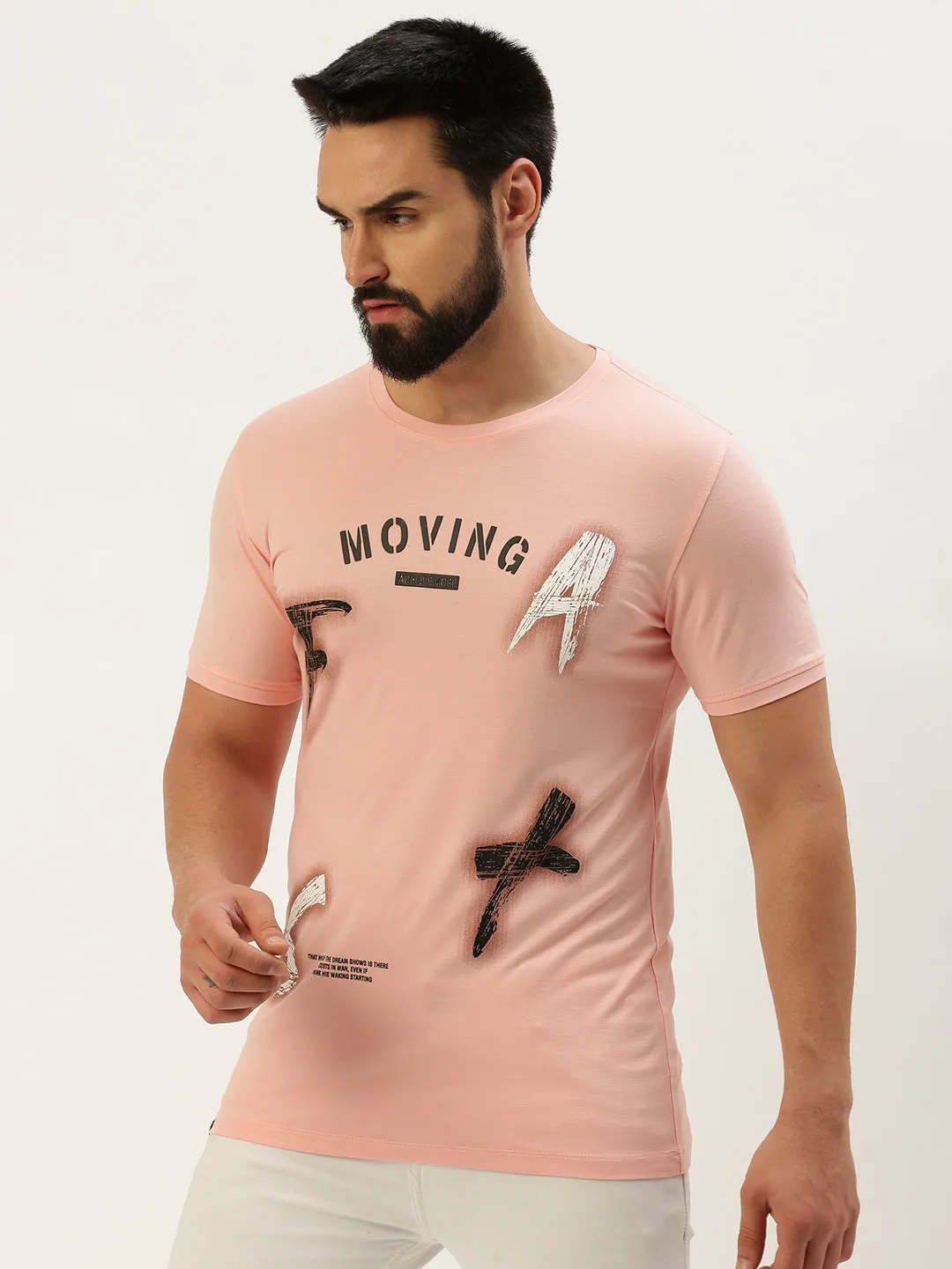 Men's Pink Typography Printed Slim Fit T-shirt Geometric Print