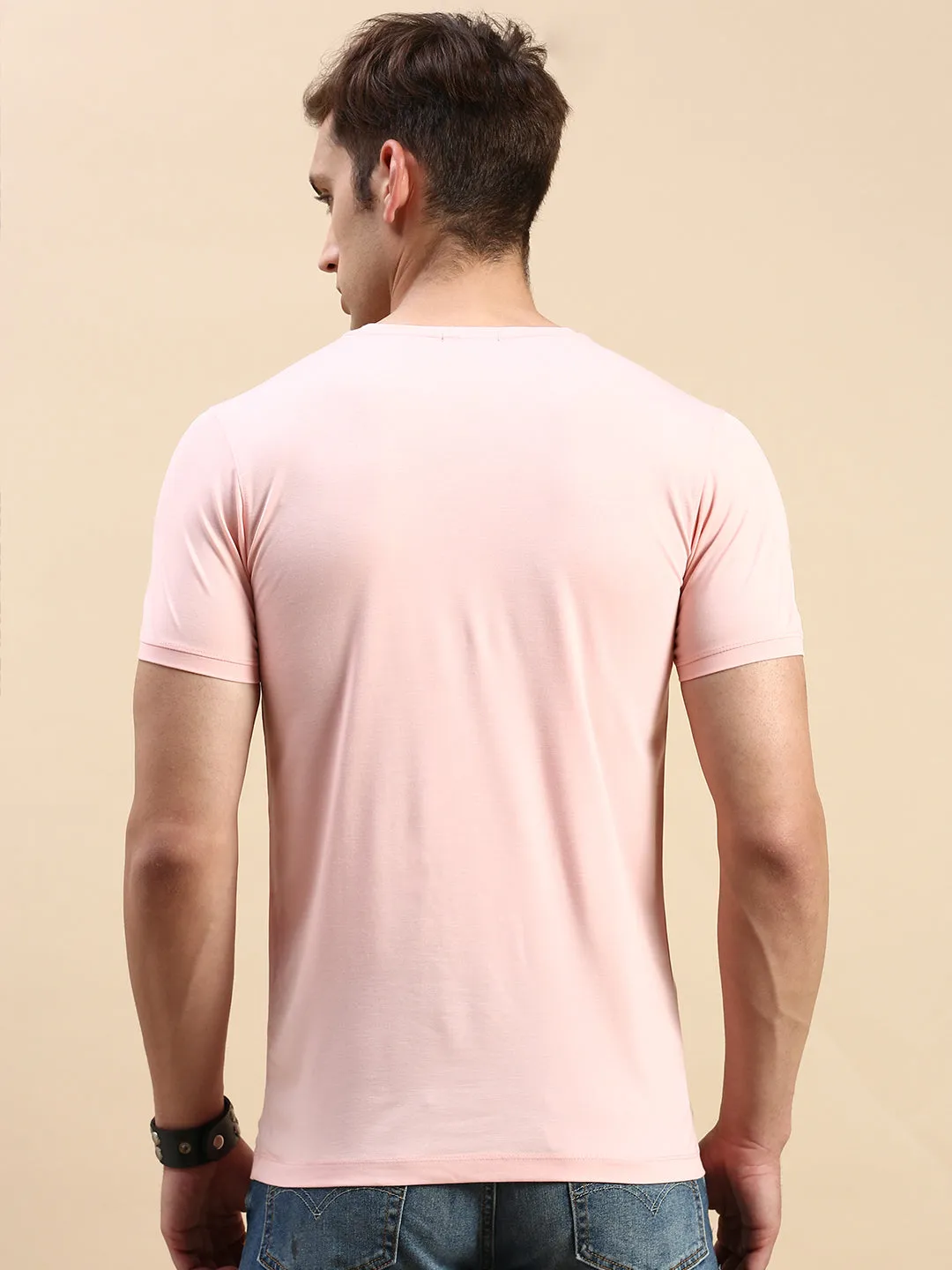 Cozy Essentials Short Sleeve Men's Pink Typography Printed Slim Fit T-shirt