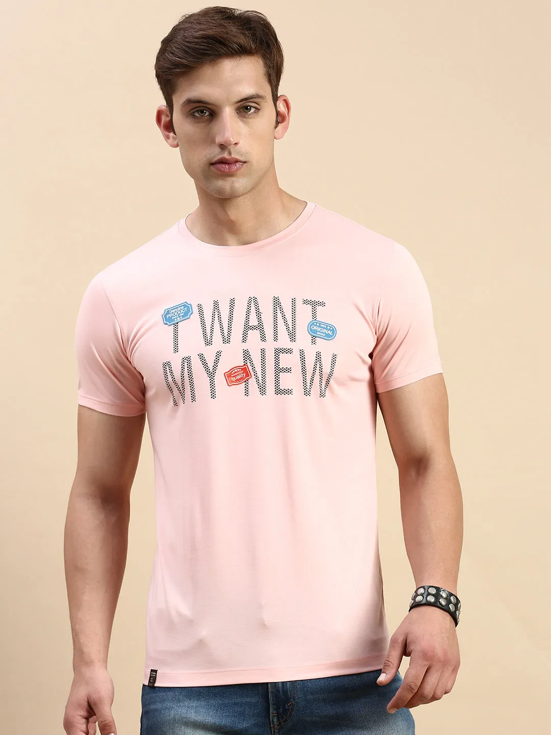 Men's Pink Typography Printed Slim Fit T-shirt Comfy Wear