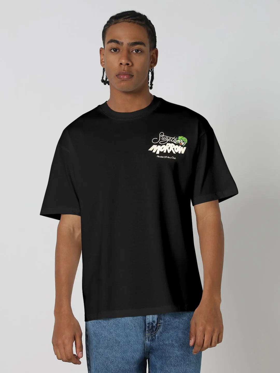 Men's Printed Black Relaxed Fit T-Shirt Soft Sweater