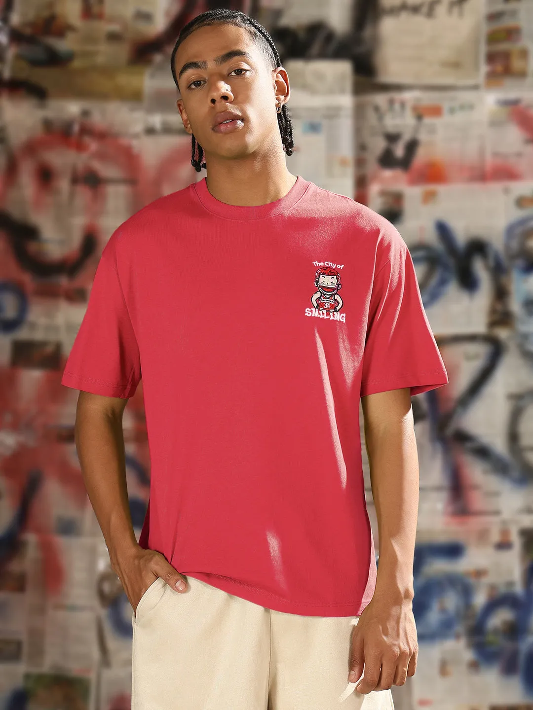 Men's Printed Pink Relaxed Fit T-Shirt Sporty Dress