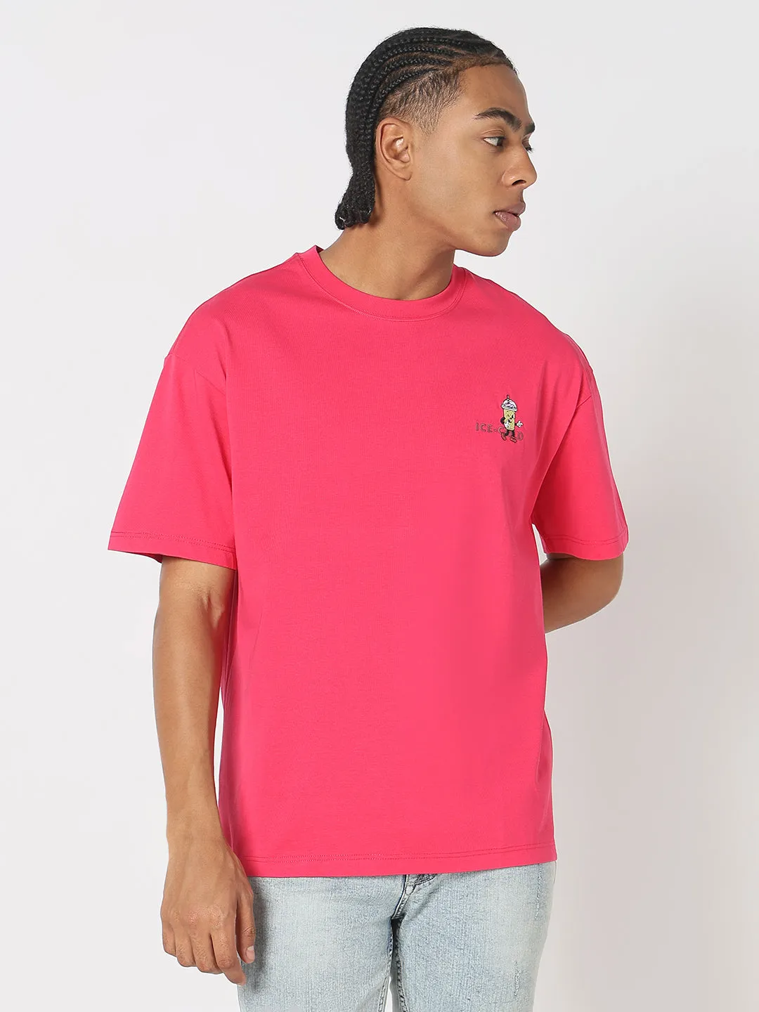 Men's Printed Pink Relaxed Fit T-Shirt Simple Fashion