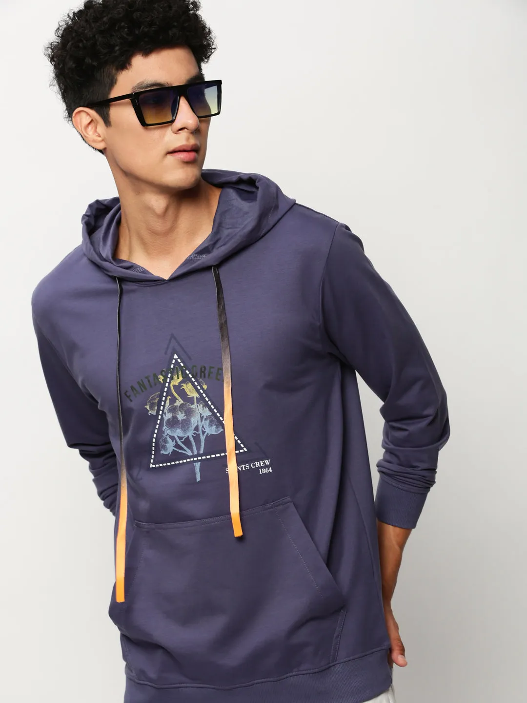 Men's Purple Graphic Printed Hooded Pullover Cotton Sweatshirt Floral Print
