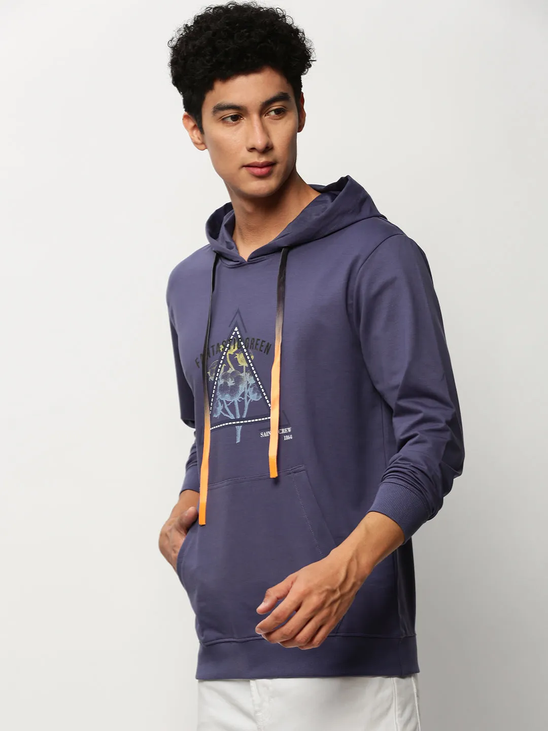 Men's Purple Graphic Printed Hooded Pullover Cotton Sweatshirt Street Relaxed Front Pocket