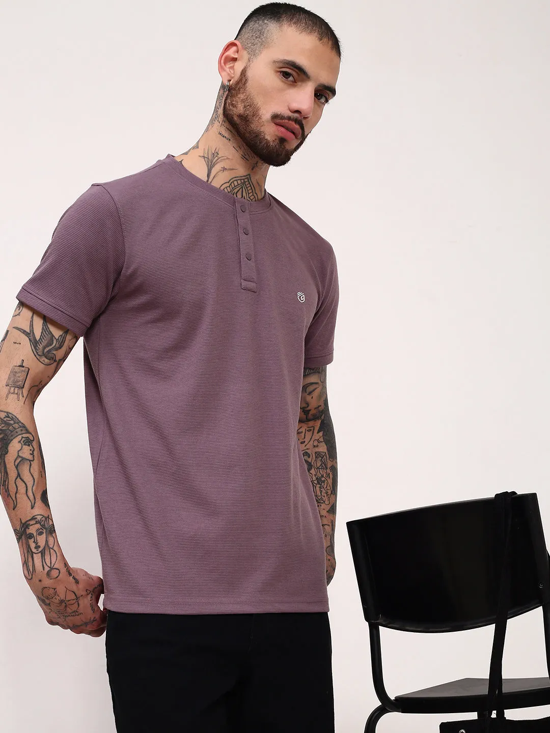 Men's Purple Solid Henley Neck Slim Fit Cotton T-Shirt Daily Style