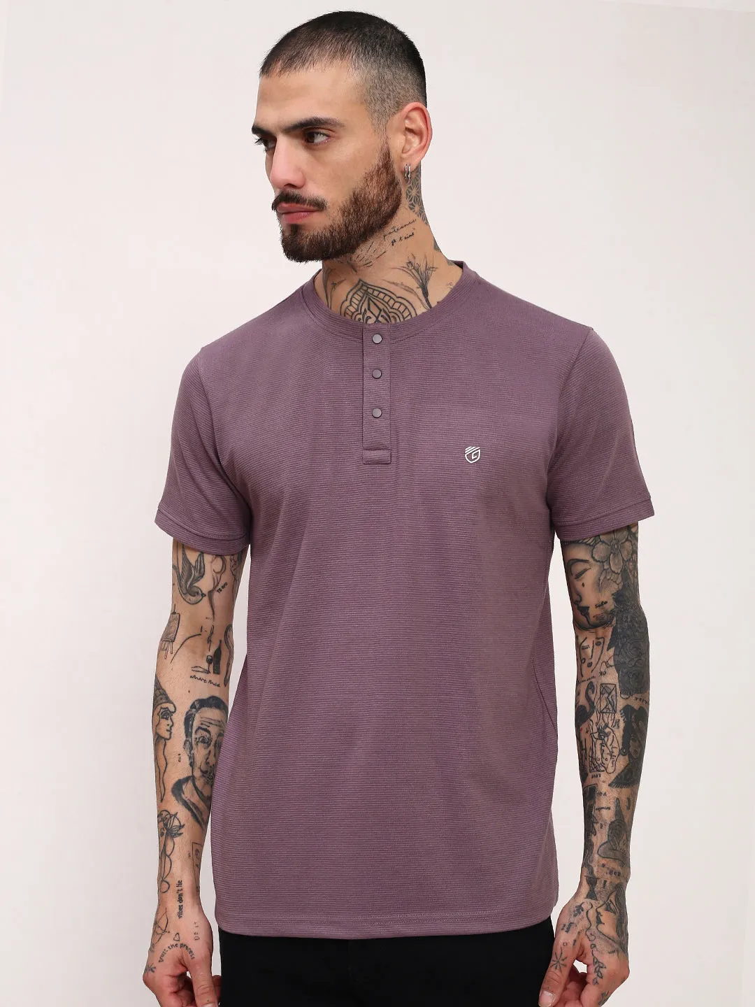 Men's Purple Solid Henley Neck Slim Fit Cotton T-Shirt Team Pride
