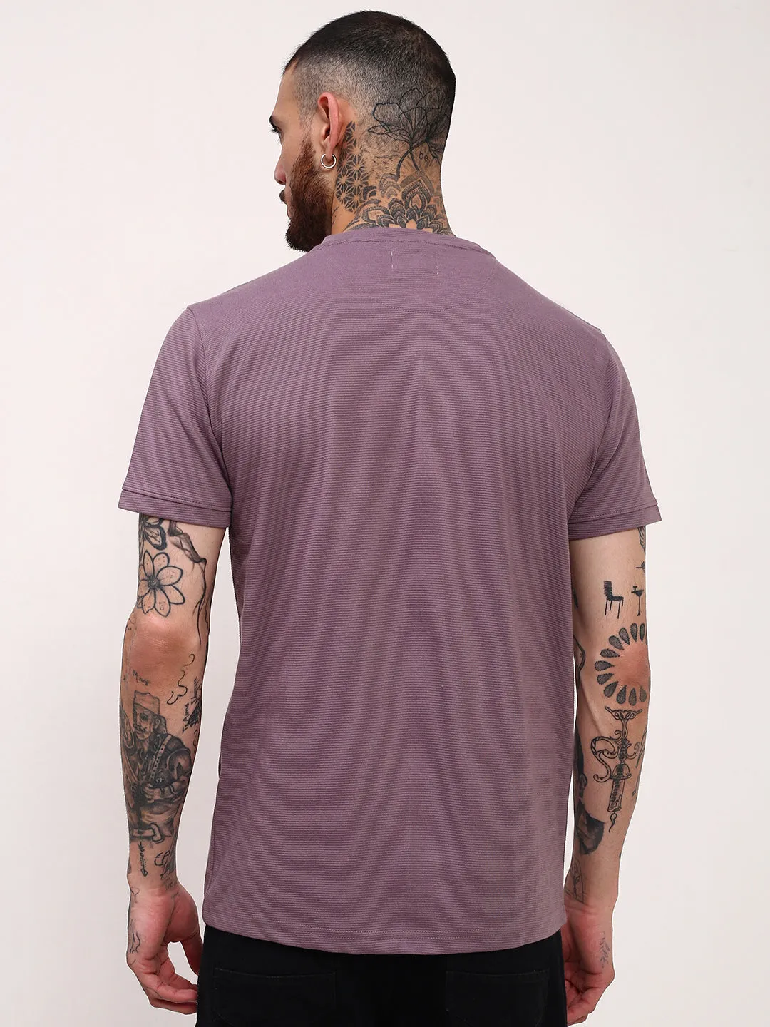 Comfy Mood Men's Purple Solid Henley Neck Slim Fit Cotton T-Shirt