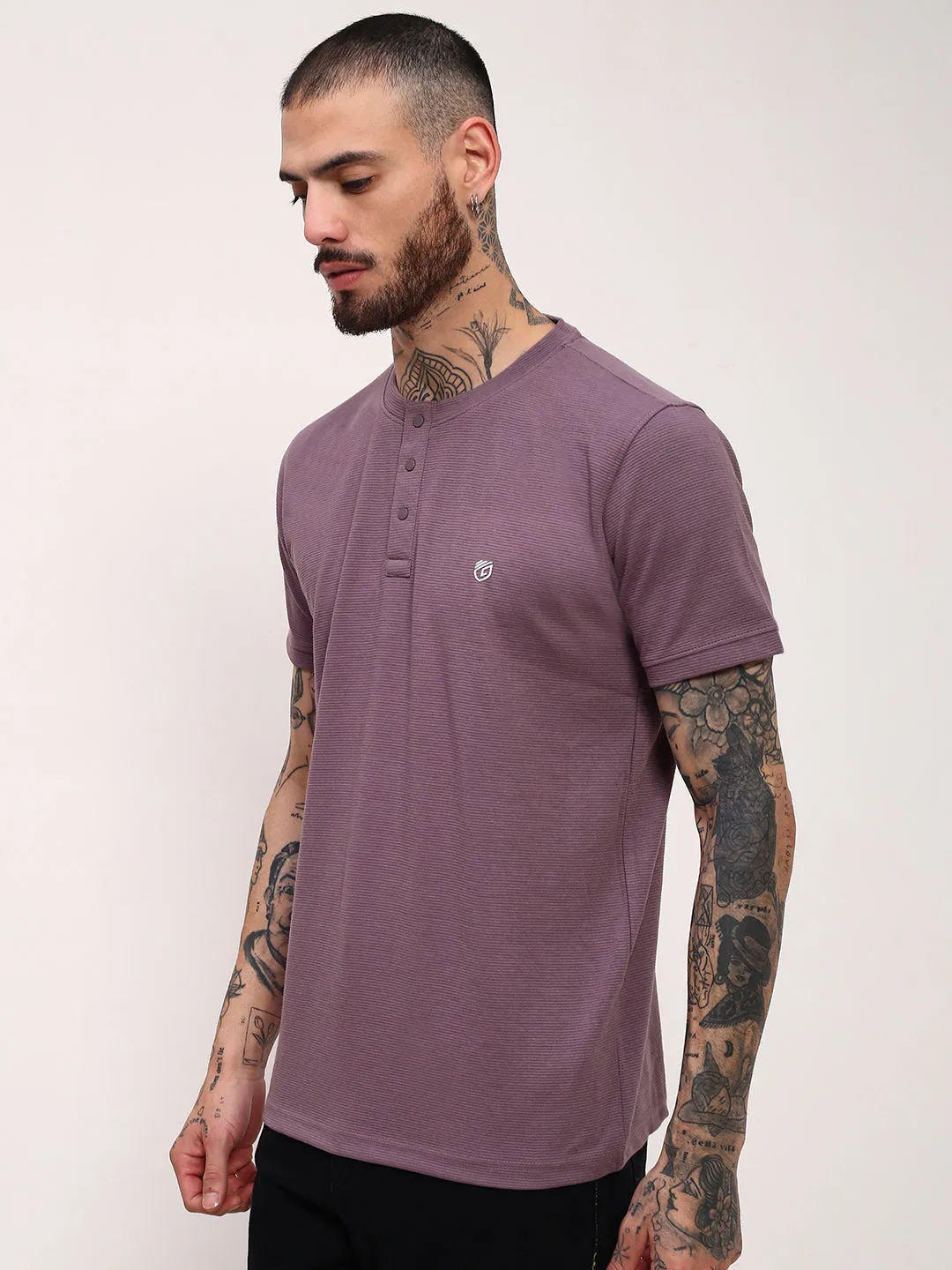 product polka dot playfulness Men's Purple Solid Henley Neck Slim Fit Cotton T-Shirt