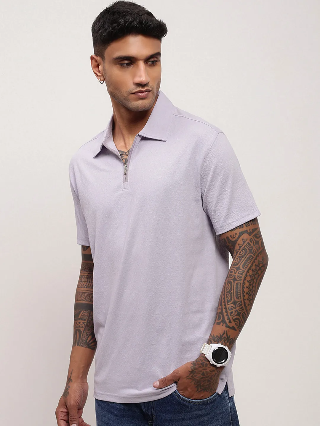 Men's Purple Solid Slim Fit Polo Neck T-Shirt Weekend Comfort button detail