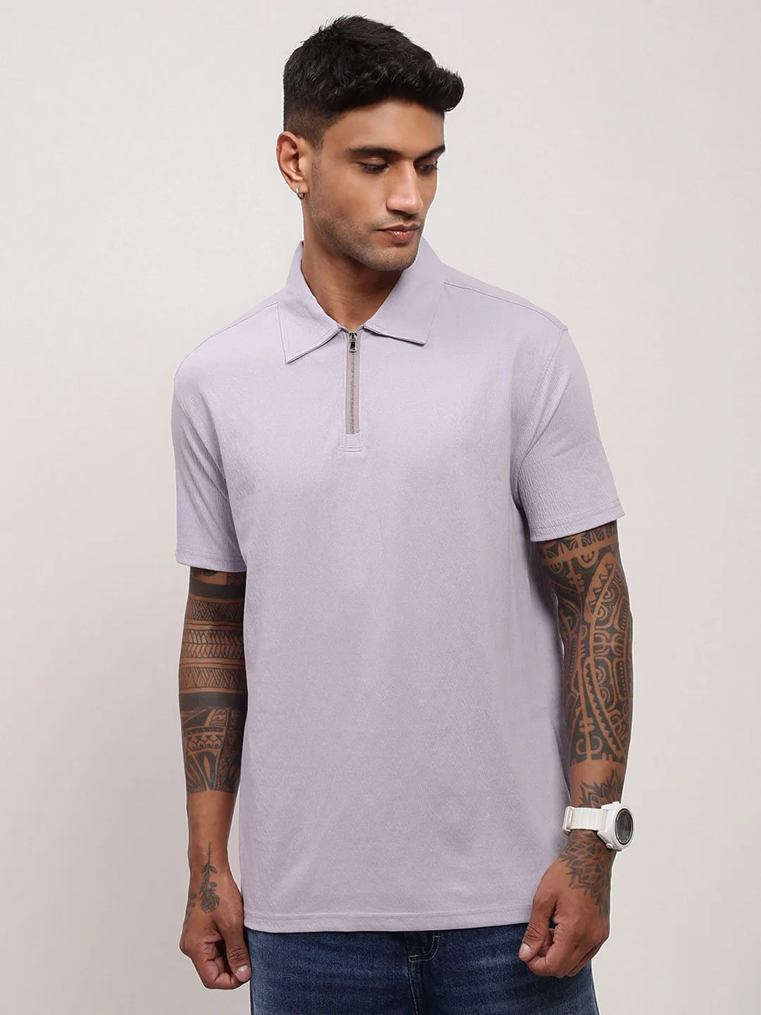 product stud toughness Men's Purple Solid Slim Fit Polo Neck T-Shirt