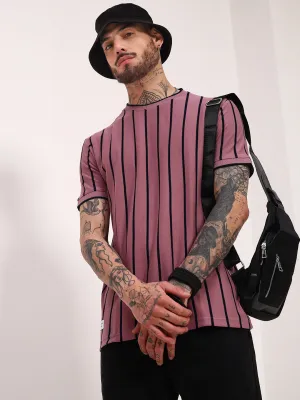 Men's Purple Striped Round Neck Cotton T-Shirt product generic practicality Tassel accents