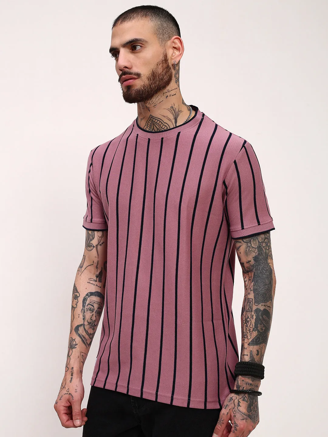 Men's Purple Striped Round Neck Cotton T-Shirt product tribal energy