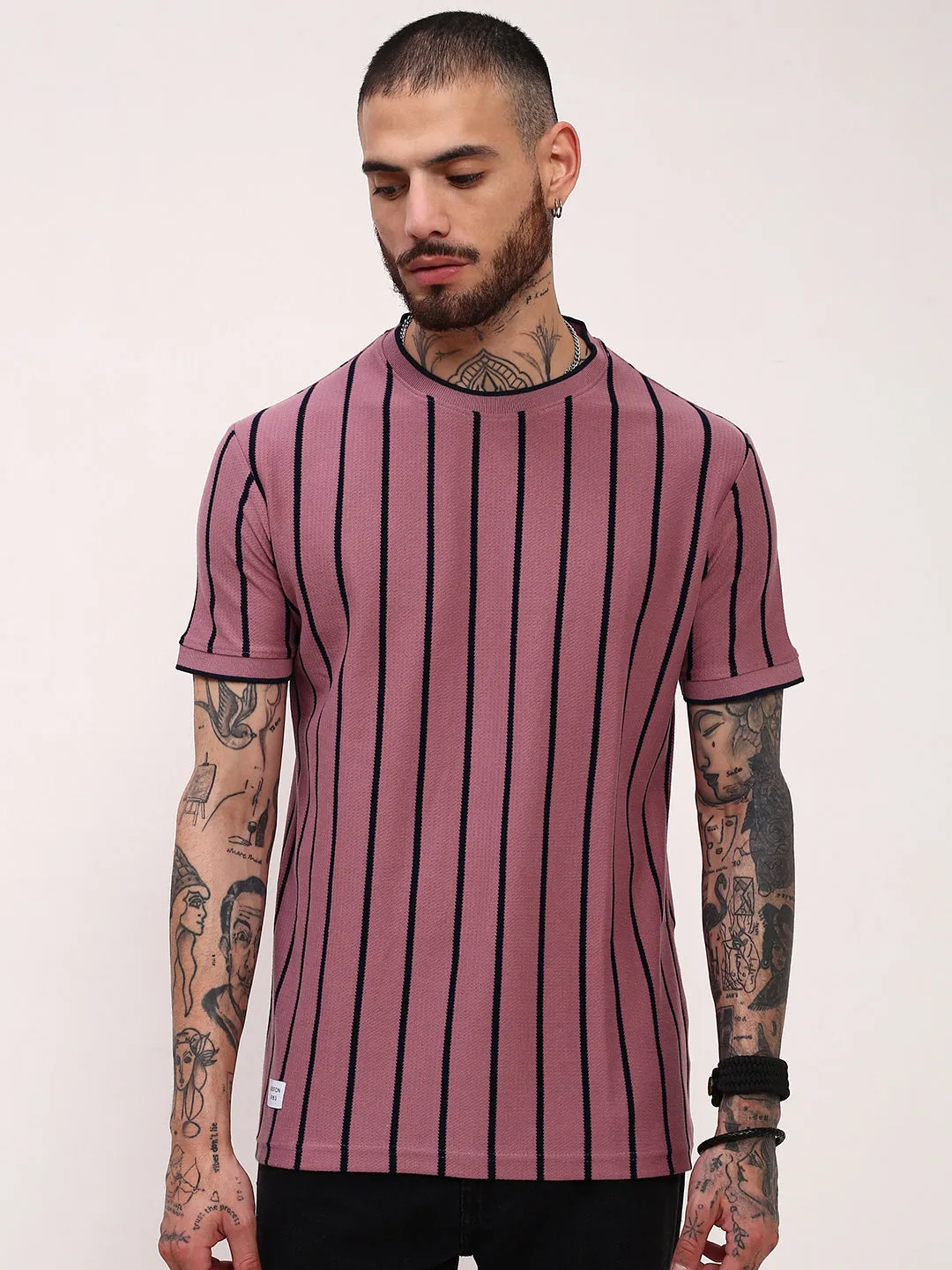 Travel Active Men's Purple Striped Round Neck Cotton T-Shirt