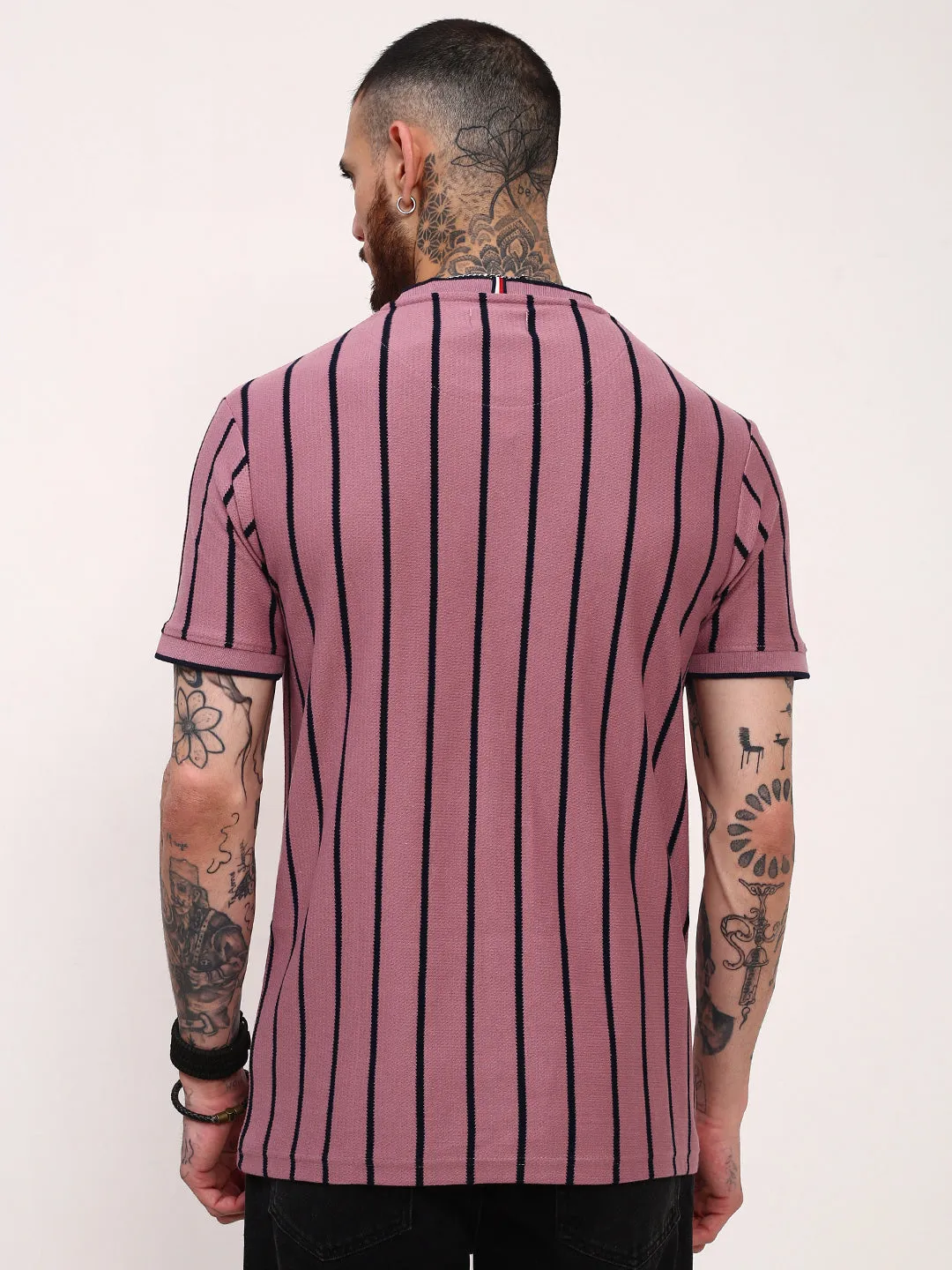 Effortless Hoodie Urban Edge Men's Purple Striped Round Neck Cotton T-Shirt