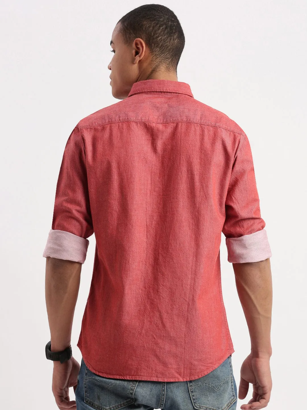 Wrinklefree Saga Vibe Men's Red Standard Slim Fit Cotton Casual Shirt