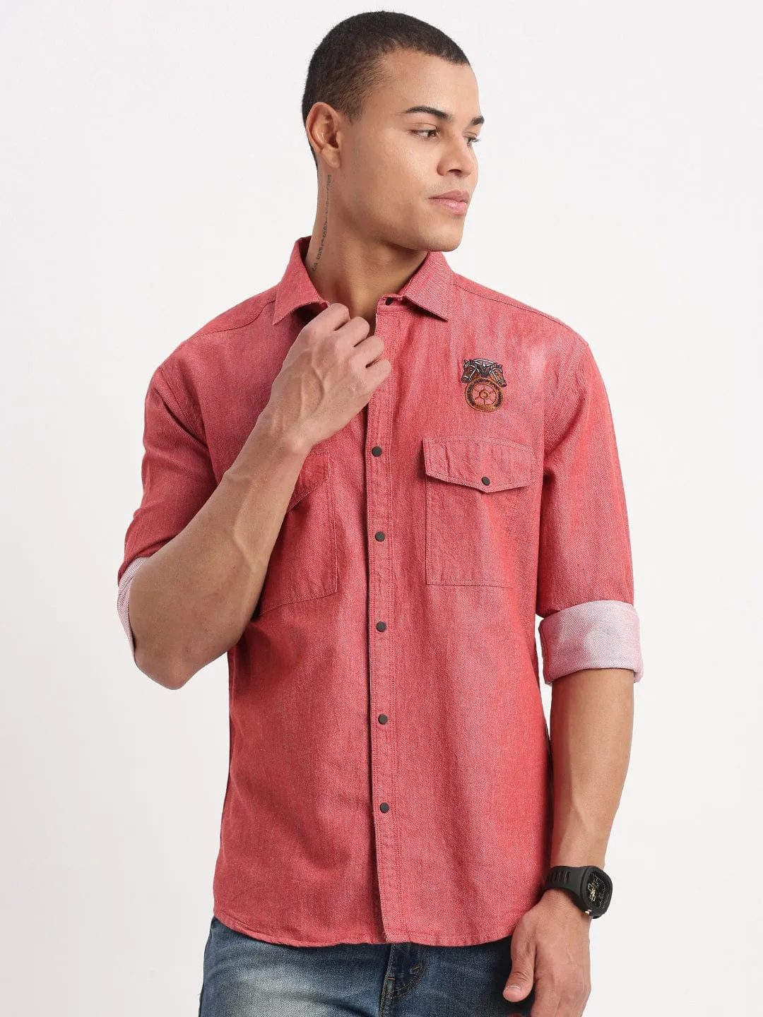Men's Red Standard Slim Fit Cotton Casual Shirt Outdoor Apparel