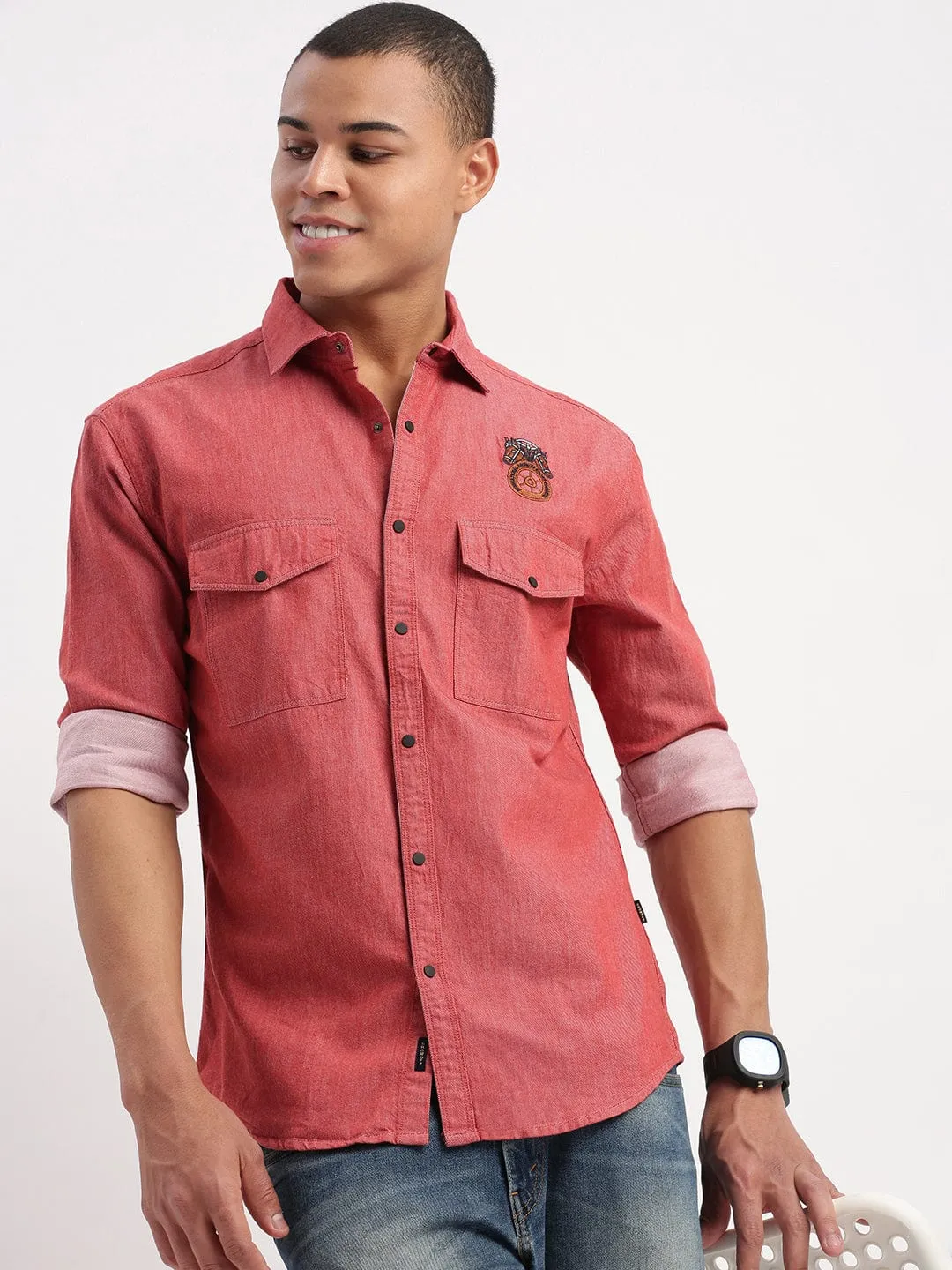 Men's Red Standard Slim Fit Cotton Casual Shirt City Beat DoubleLayered Structure