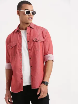 LightweightTextile OdorResistantFabric Men's Red Standard Slim Fit Cotton Twill Casual Shirt
