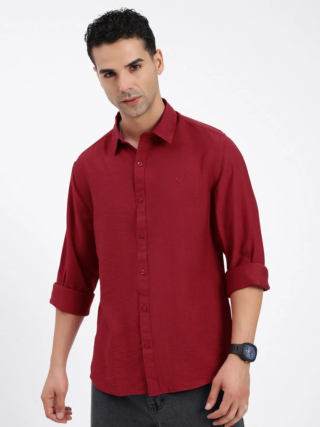 Men's Red Standard Spread Collar Solid Cotton Casual Shirt Stylish Blouse Green Fit