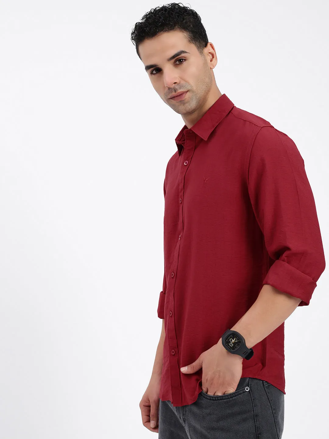 StaticFree Material Casual Trousers Men's Red Standard Spread Collar Solid Cotton Casual Shirt